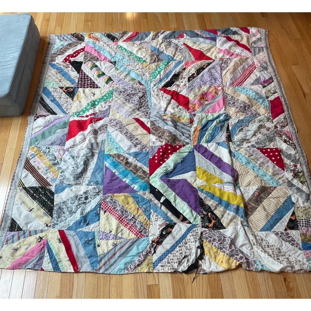 Vintage Handmade Crazy Quilt Multi-Color Patchwork Folk Art Cutter Quilt 74x66
